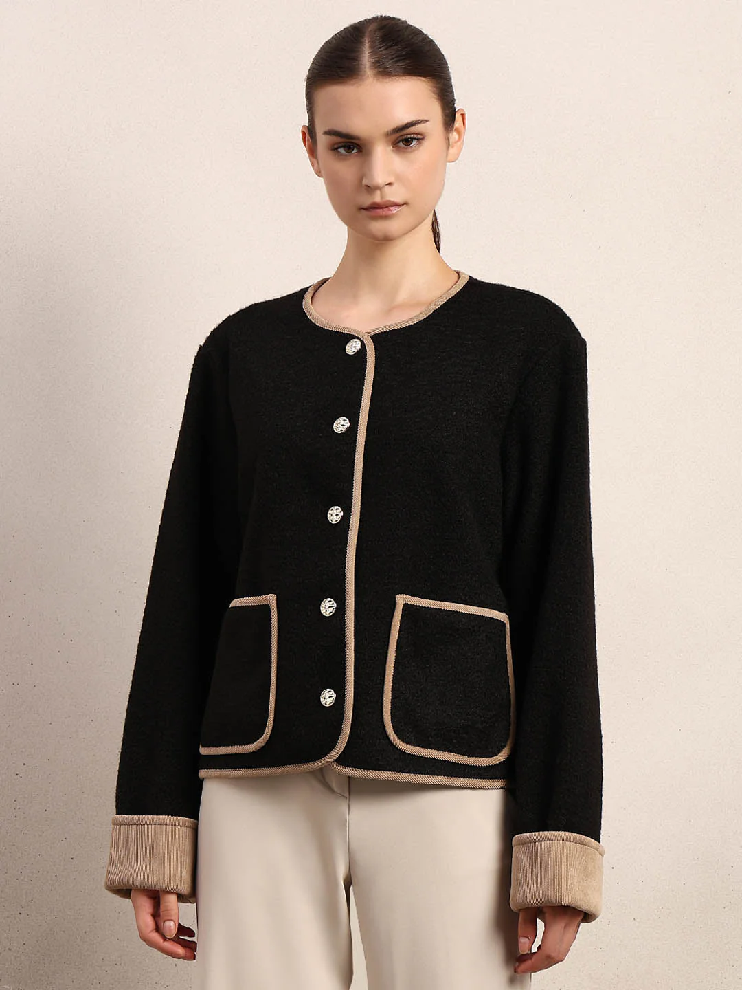 Black Contrast Trim Short Jacket - Image 2