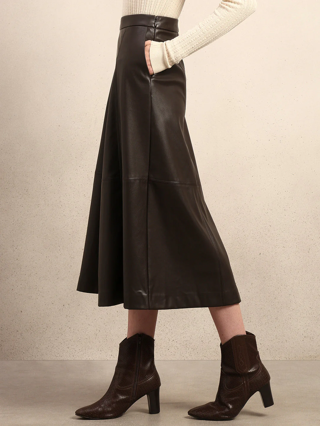 Faux Leather High Rise Skirt - Brown - Image 3