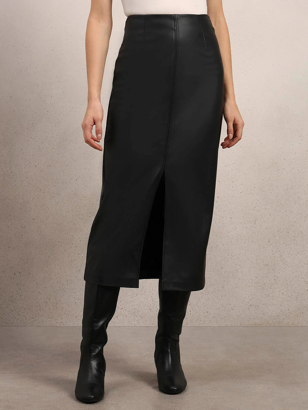 Faux Leather Front Slit Midi Skirt - Image 2