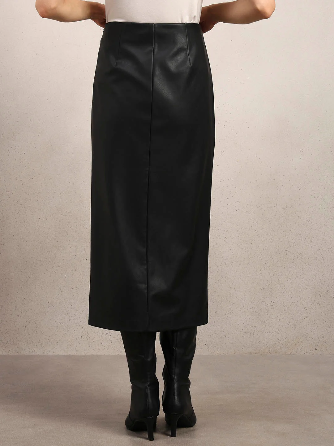 Faux Leather Front Slit Midi Skirt - Image 4