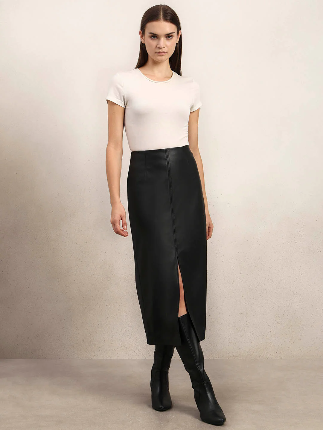 Faux Leather Front Slit Midi Skirt - Image 5