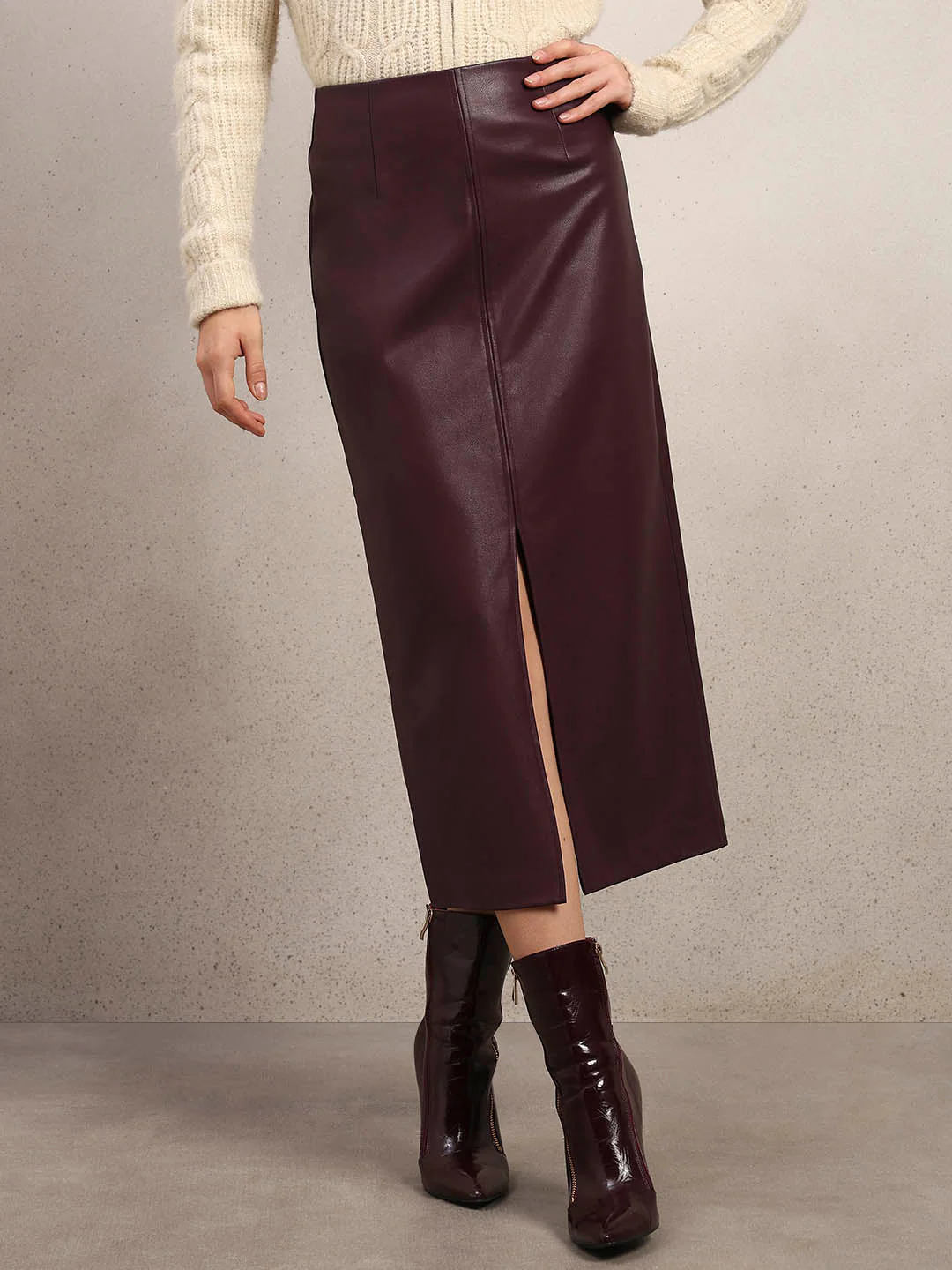 Faux Leather Front Slit Midi Skirt - Maroon - Image 2