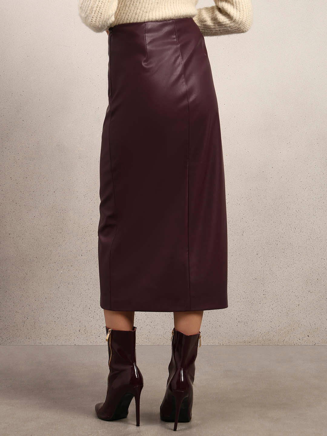 Faux Leather Front Slit Midi Skirt - Maroon - Image 4