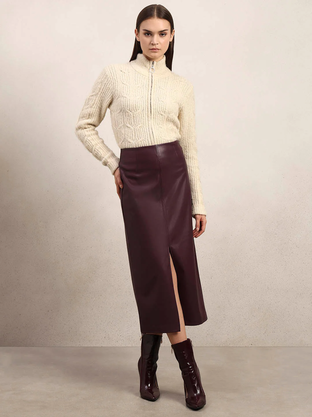 Faux Leather Front Slit Midi Skirt - Maroon - Image 5