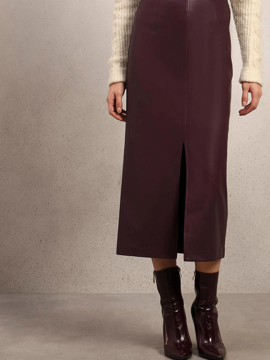 Faux Leather Front Slit Midi Skirt - Maroon - Image 6