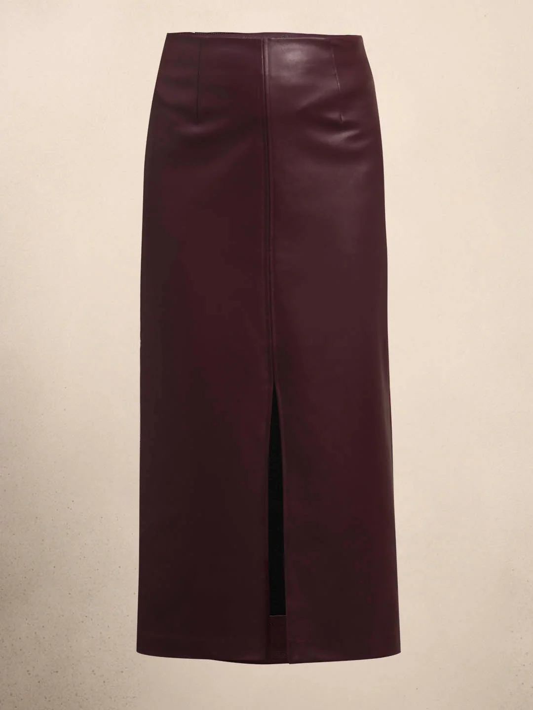 Faux Leather Front Slit Midi Skirt - Maroon - Image 7