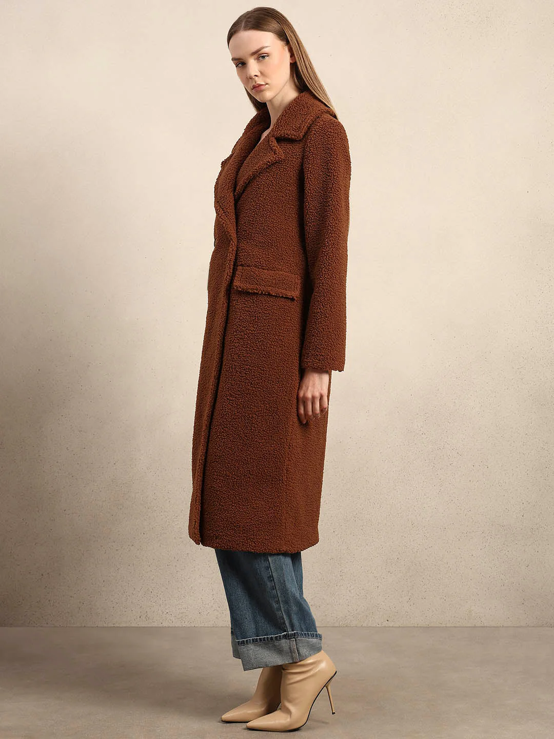 Brown Bouclé Double-Breasted Coat - Image 3