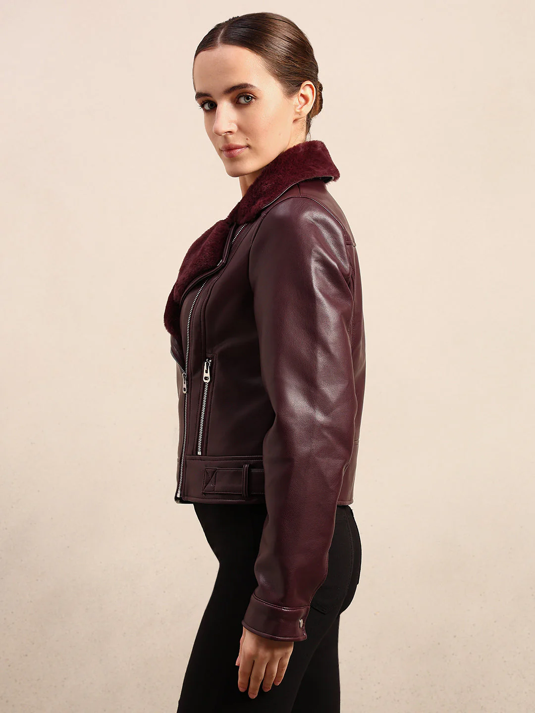 Maroon Coated Biker Jacket - Image 3