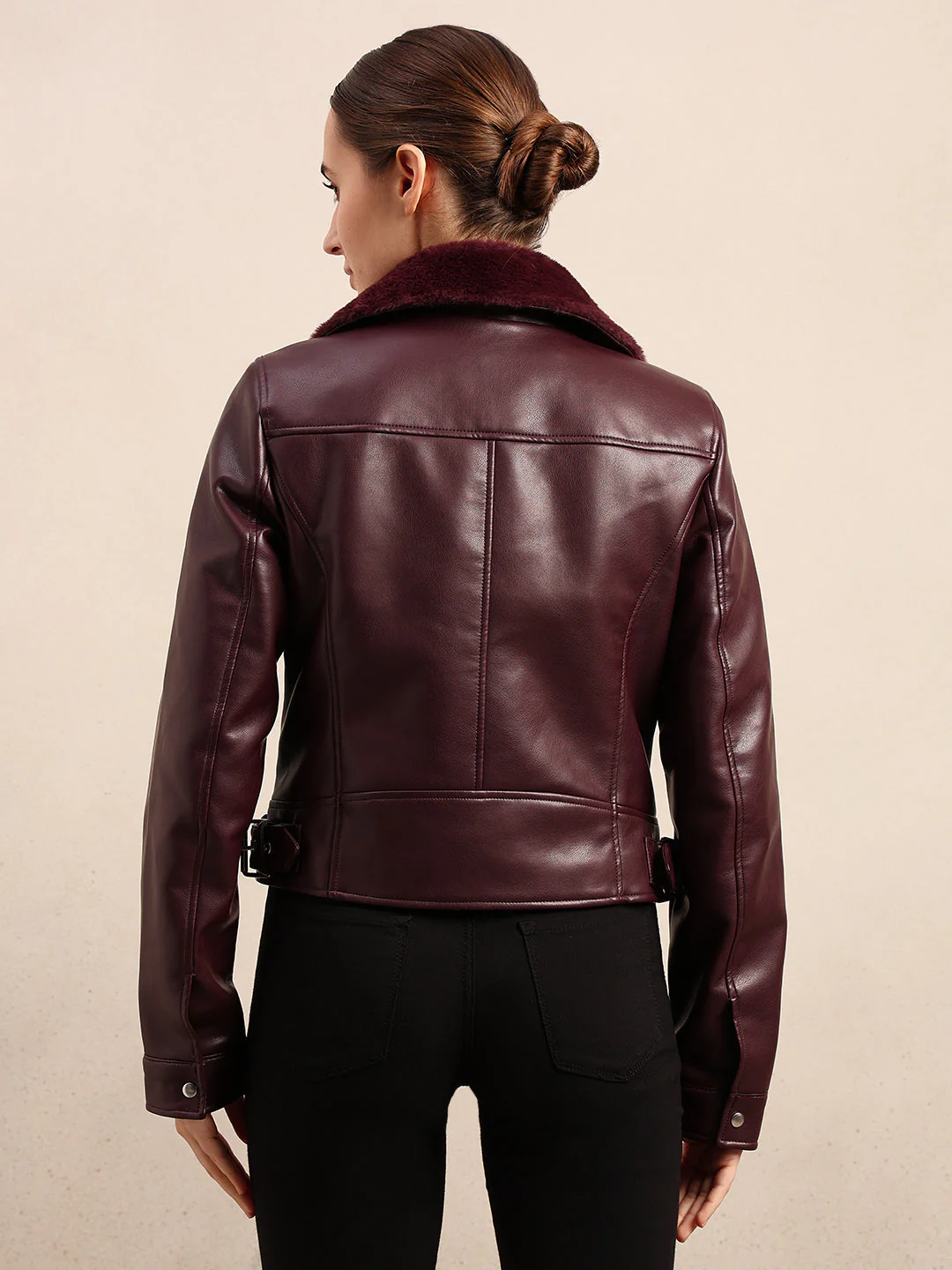Maroon Coated Biker Jacket - Image 4