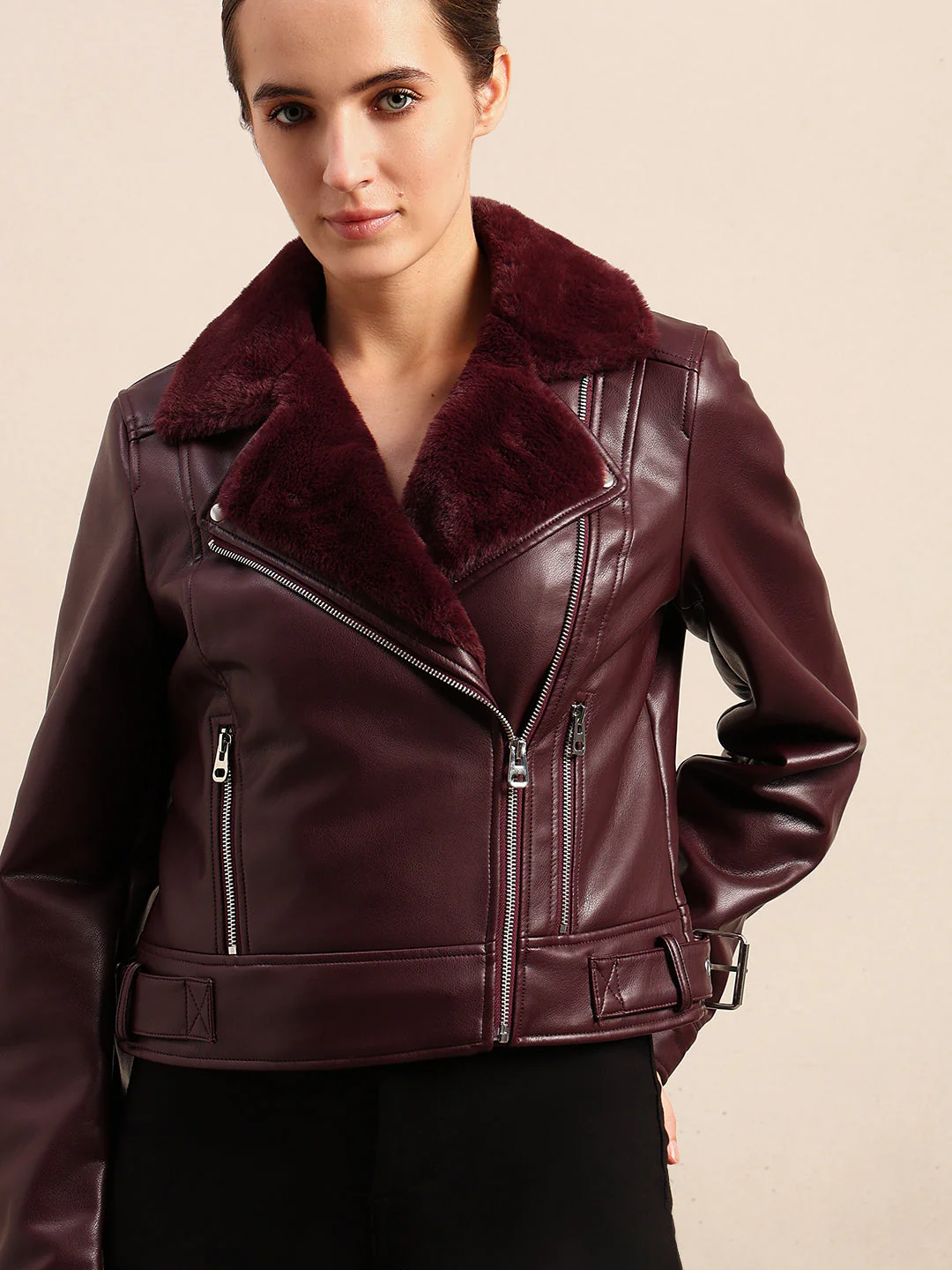 Maroon Coated Biker Jacket - Image 6