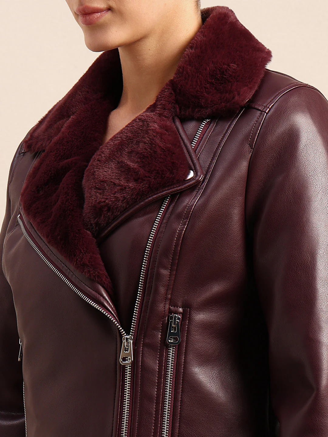 Maroon Coated Biker Jacket - Image 8