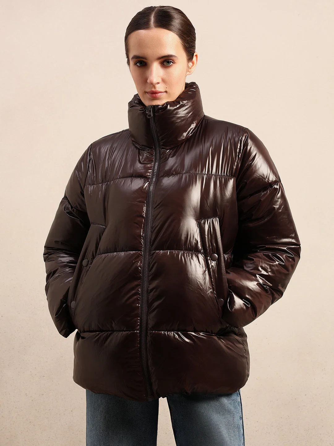 Dark Brown Short Puffer Jacket - Image 2