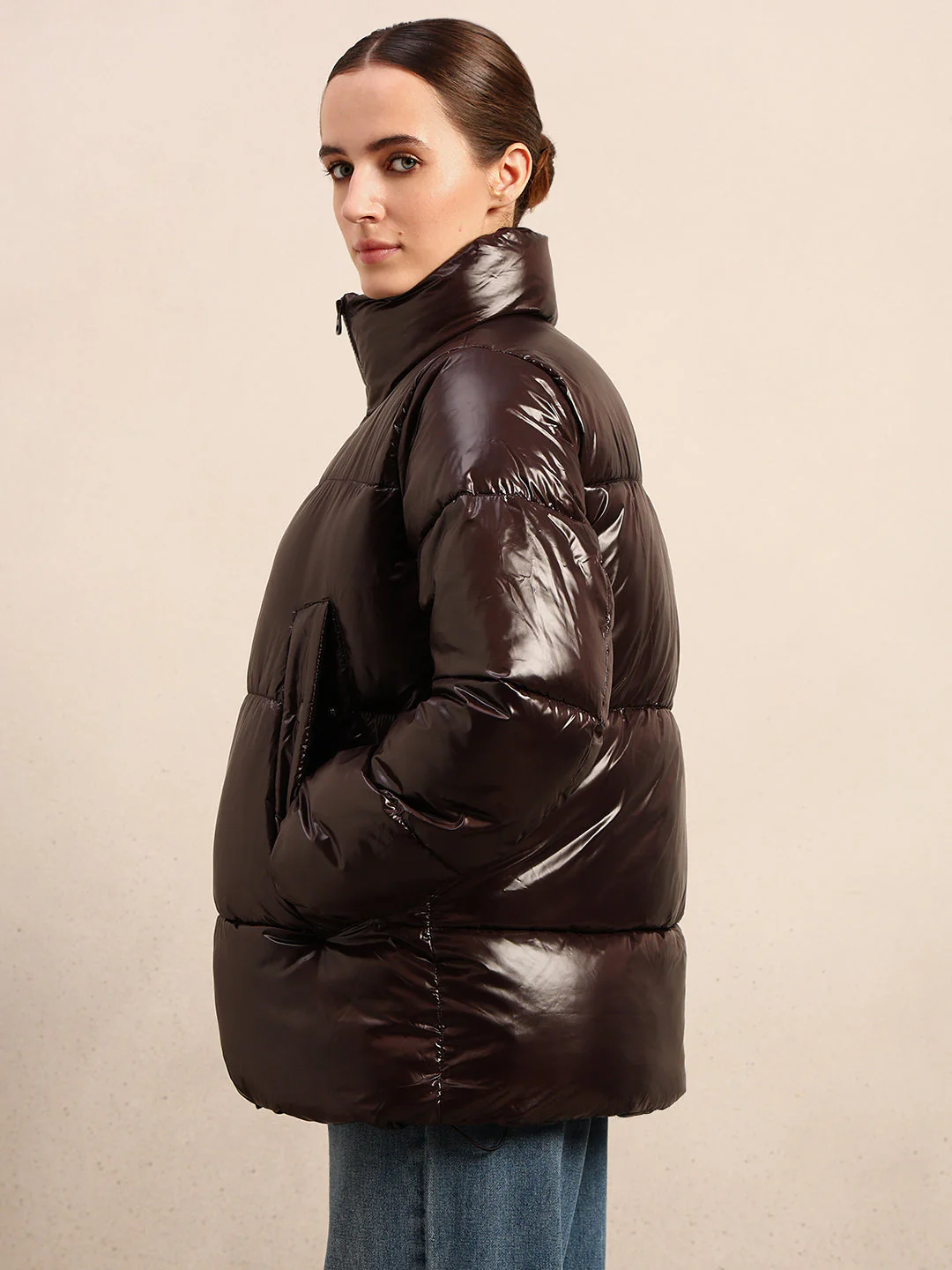 Dark Brown Short Puffer Jacket - Image 3