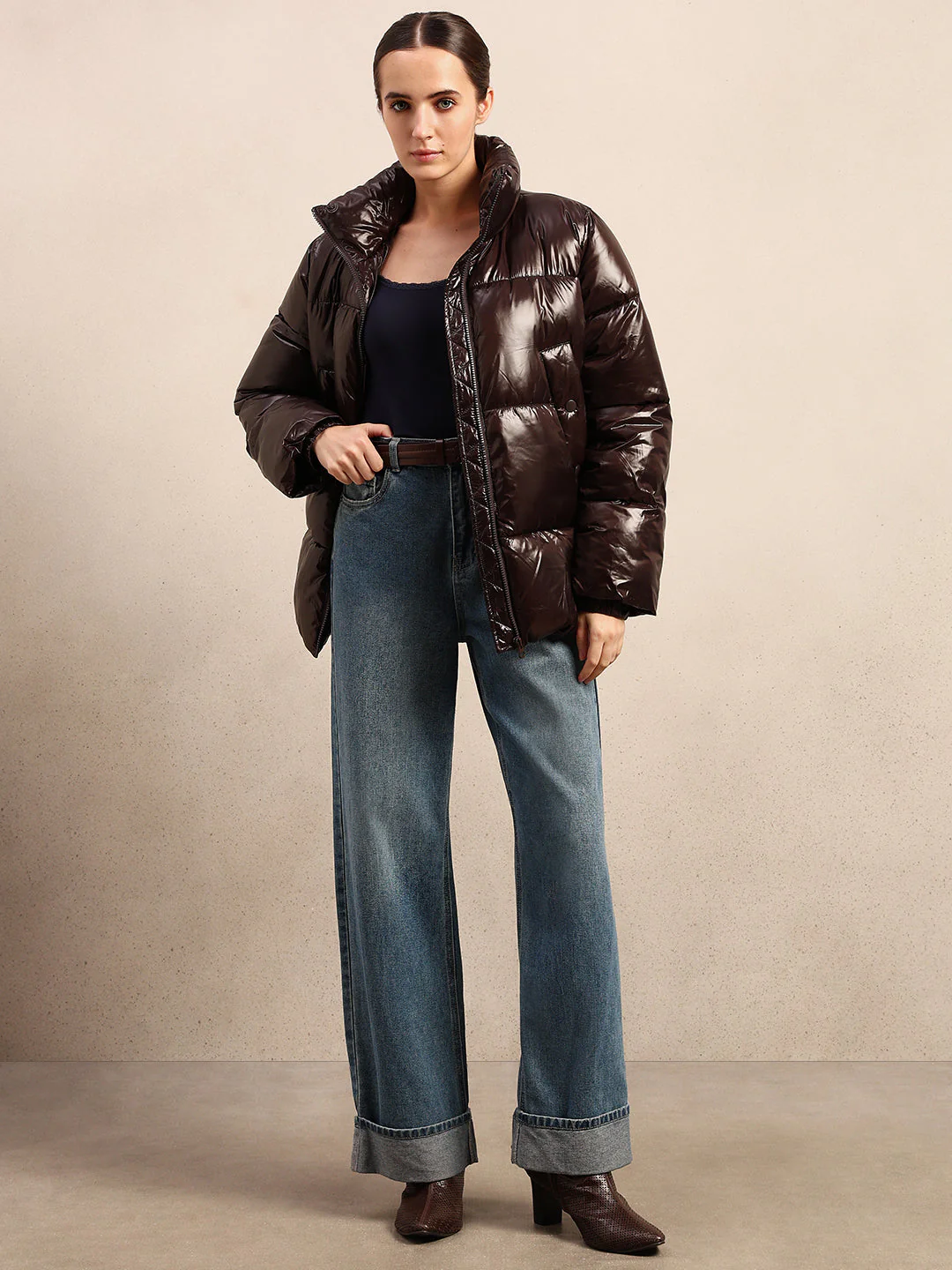 Dark Brown Short Puffer Jacket - Image 5