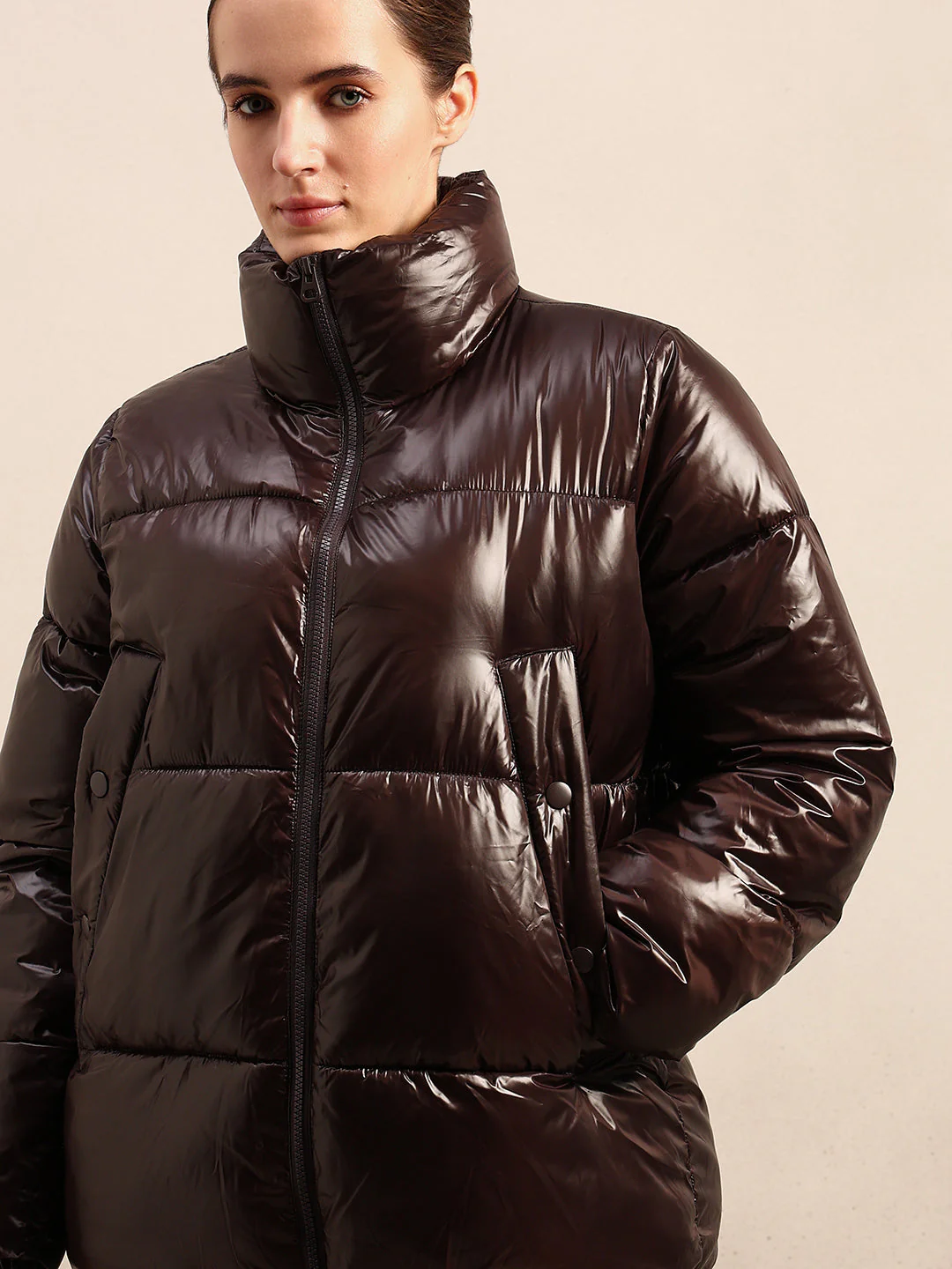Dark Brown Short Puffer Jacket - Image 6