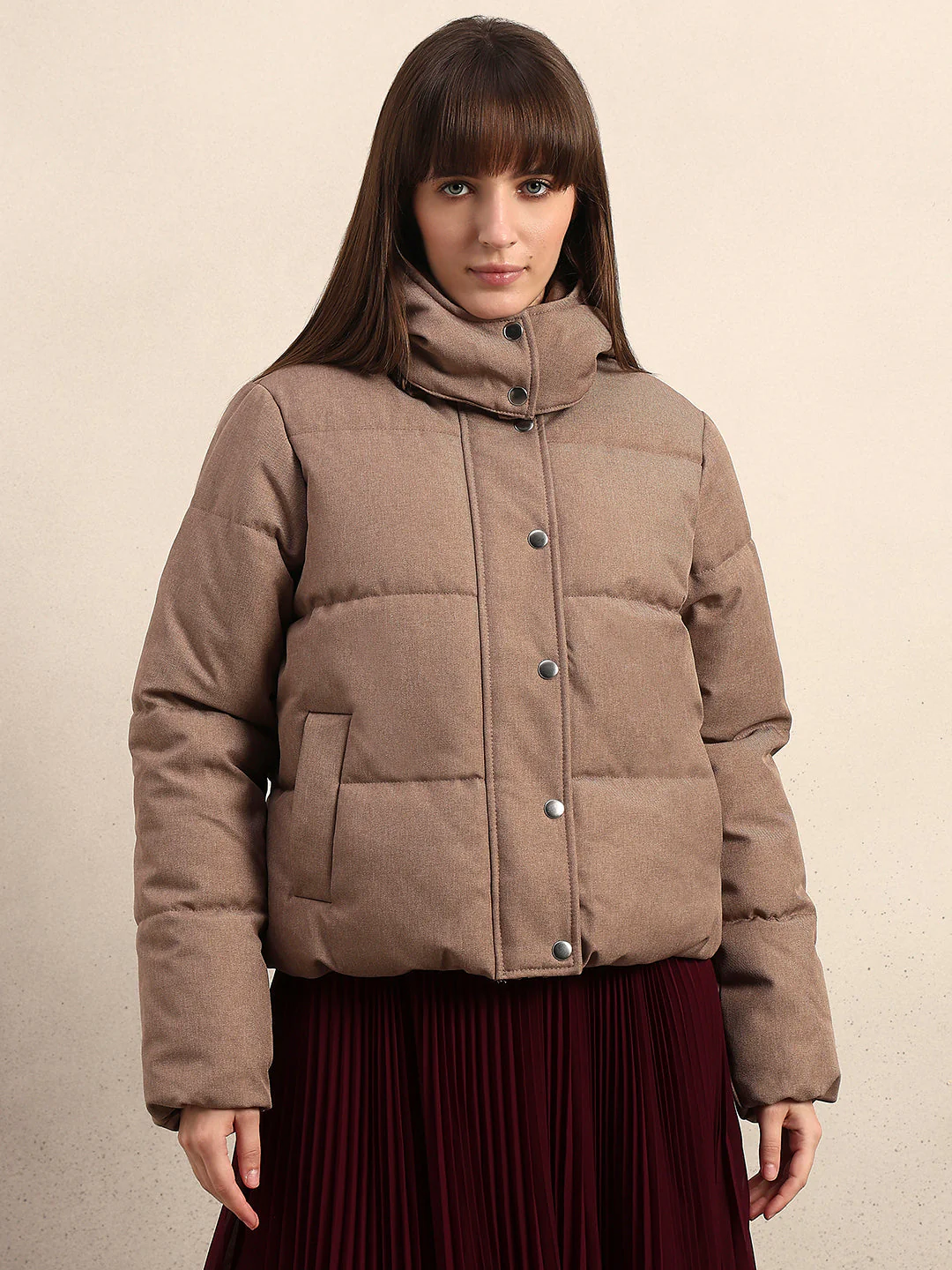 Taupe Hooded Puffer Jacket - Image 2