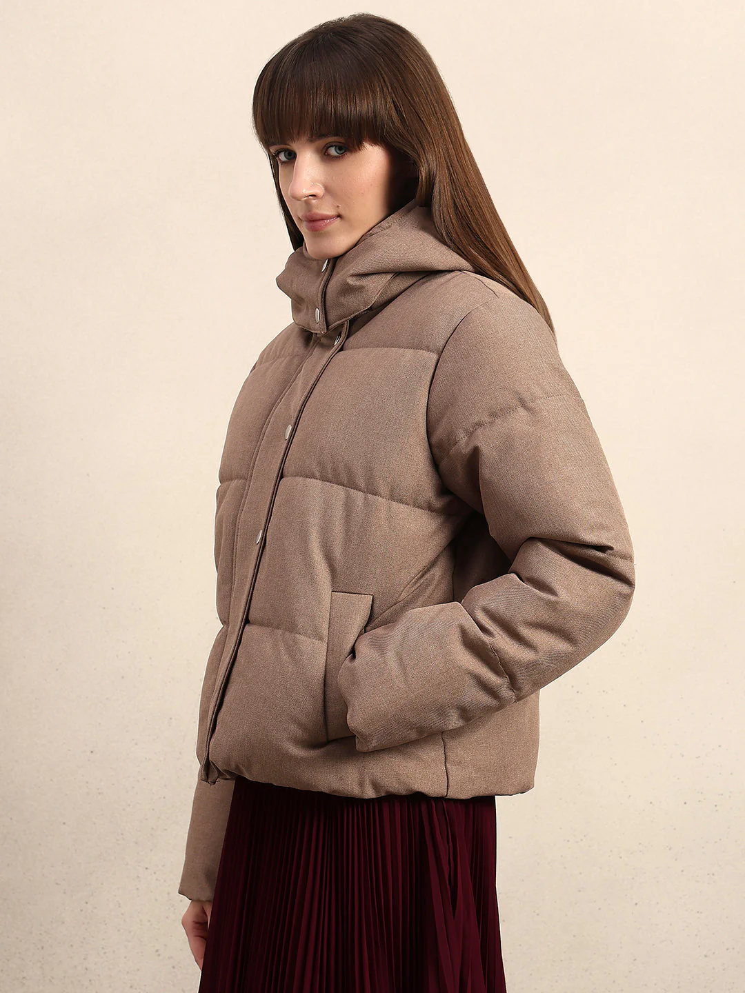 Taupe Hooded Puffer Jacket - Image 3