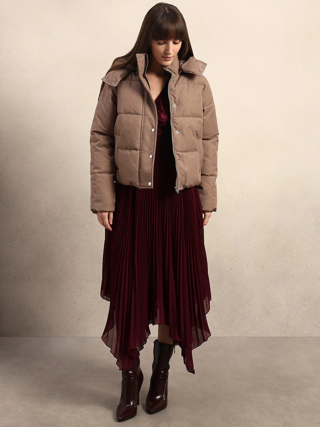 Taupe Hooded Puffer Jacket - Image 5