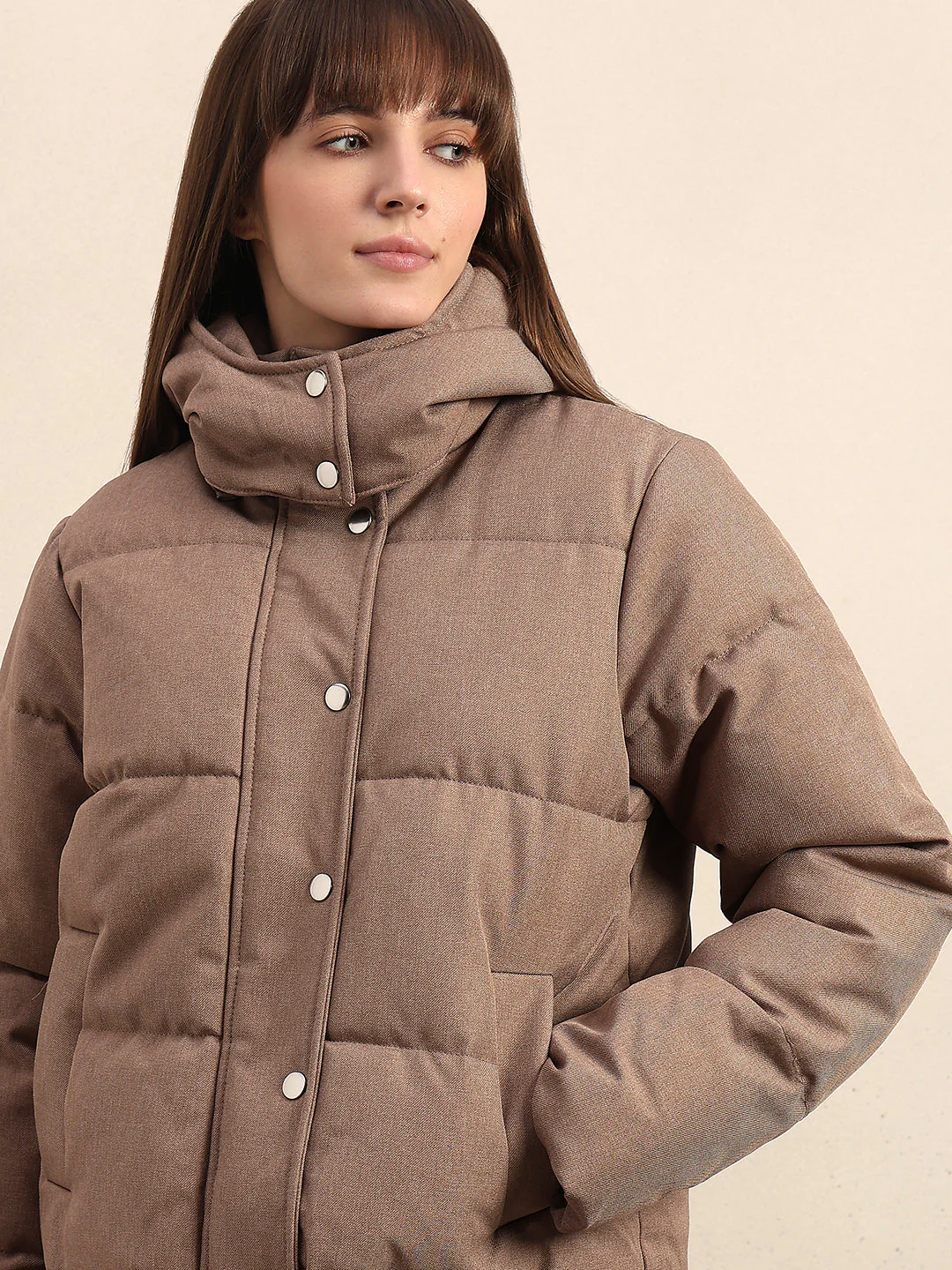 Taupe Hooded Puffer Jacket - Image 6