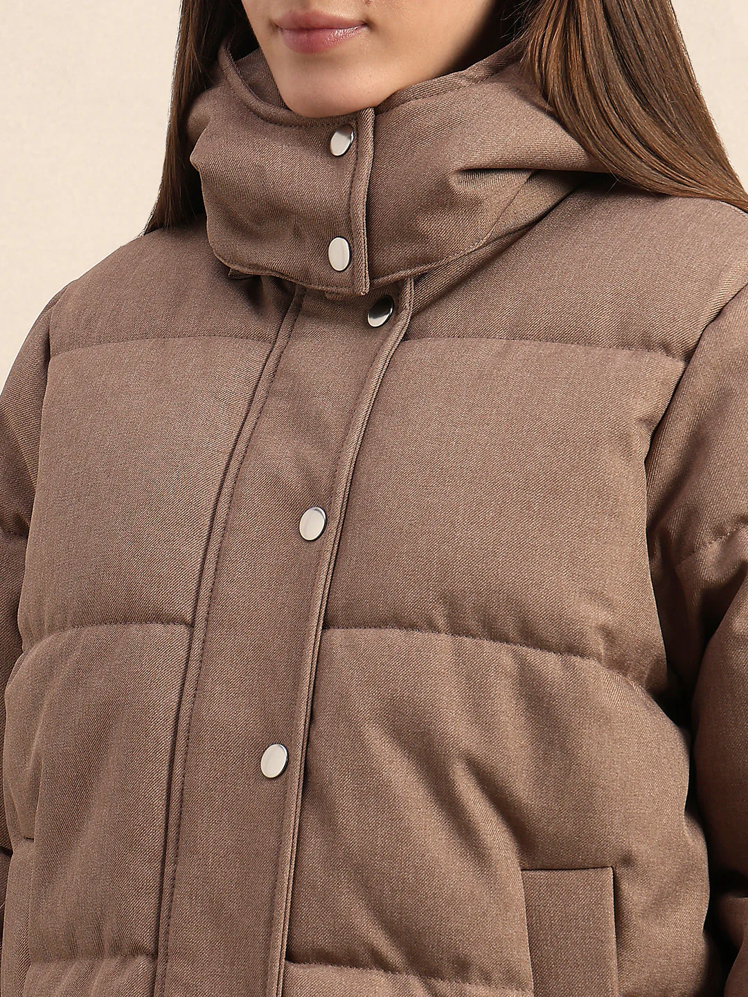 Taupe Hooded Puffer Jacket - Image 8