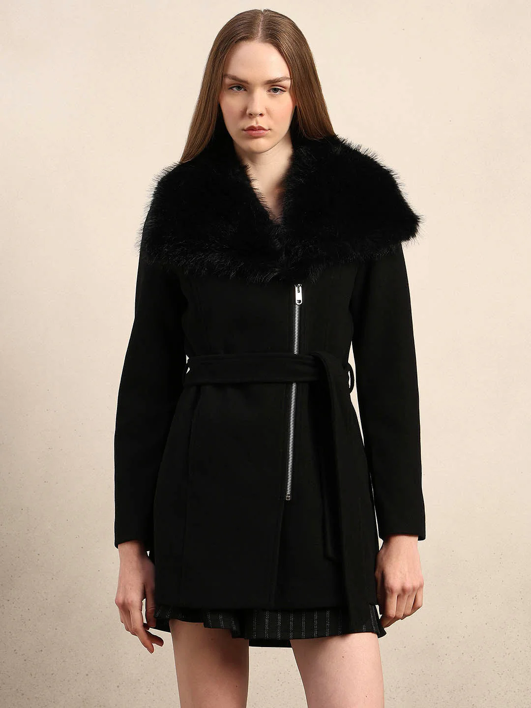 Faux Fur Collar Belted Coat - Image 2