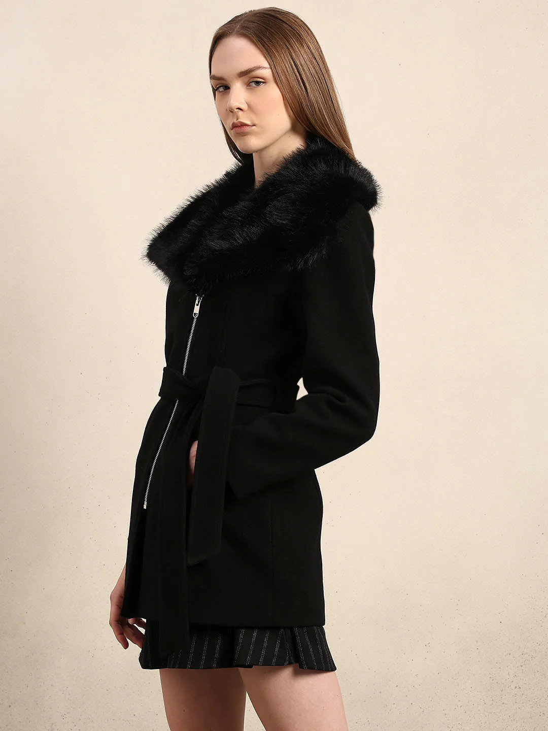 Faux Fur Collar Belted Coat - Image 3