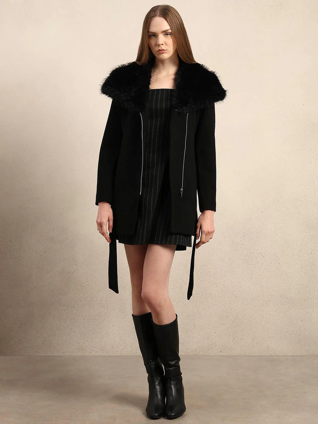 Faux Fur Collar Belted Coat - Image 5
