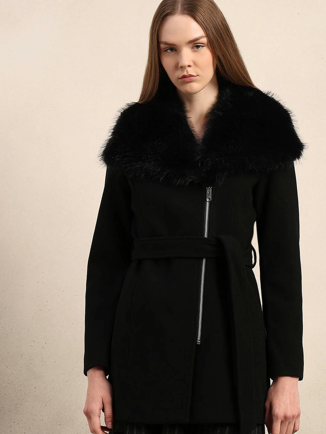 Faux Fur Collar Belted Coat - Image 6