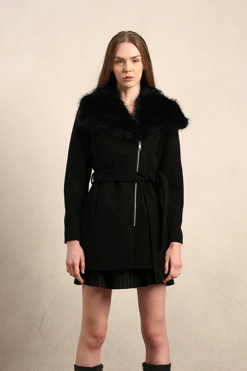 Faux Fur Collar Belted Coat - Image 9