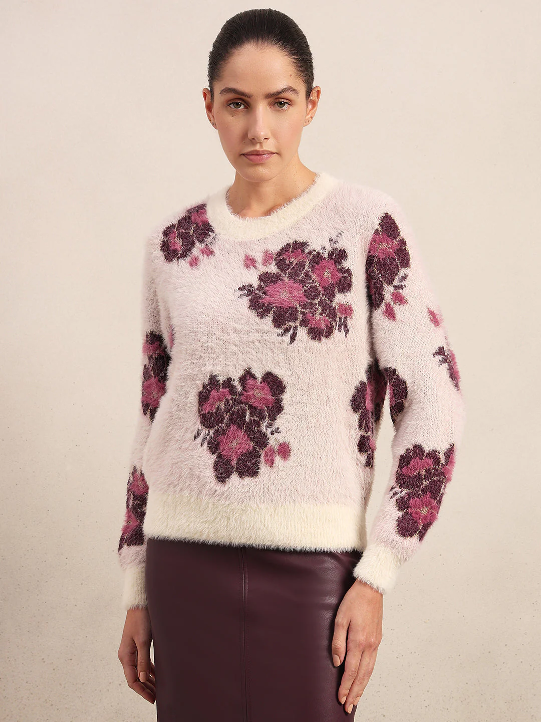Floral Fuzzy O-Neck Pullover - Image 2