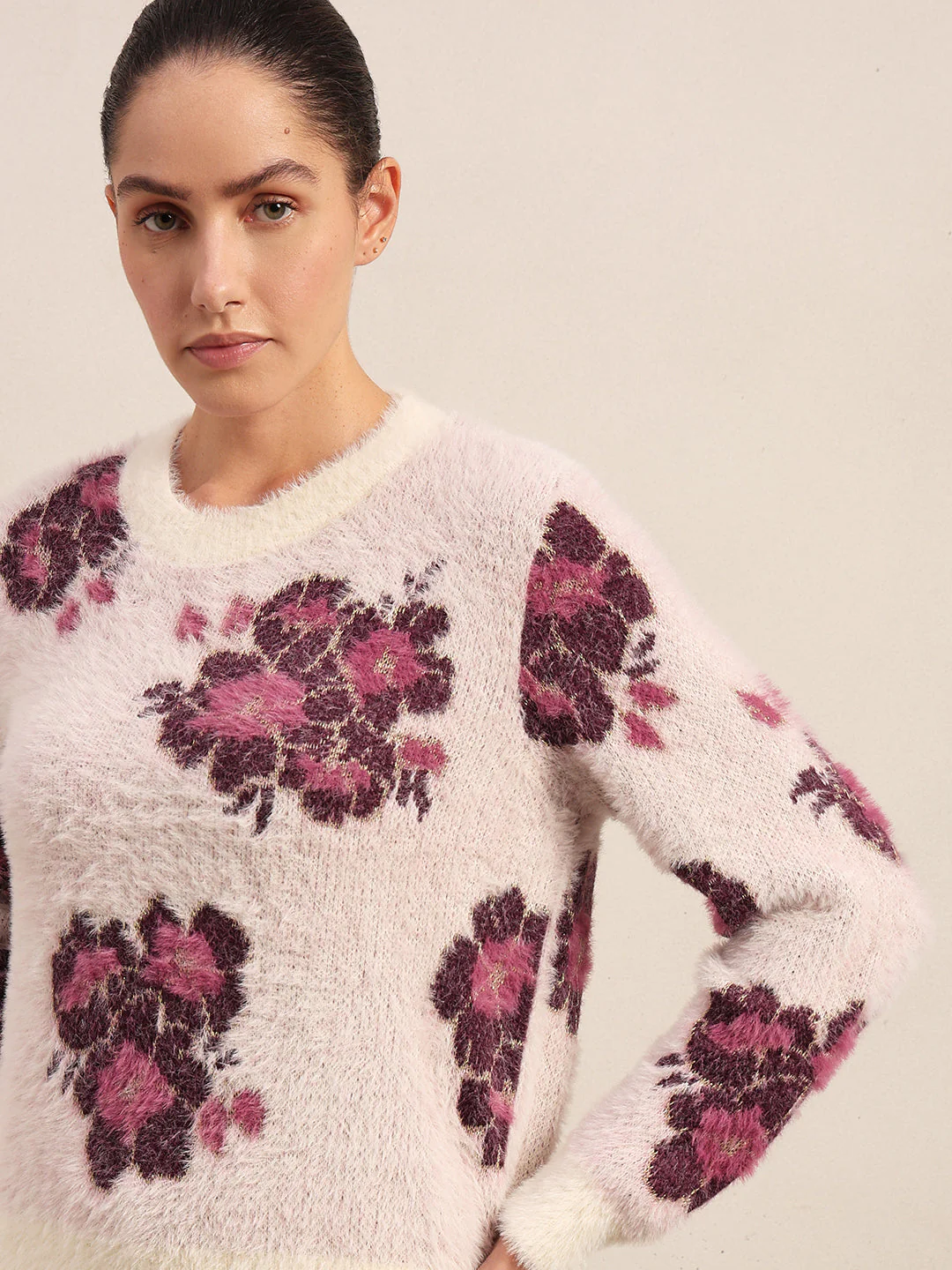 Floral Fuzzy O-Neck Pullover - Image 6