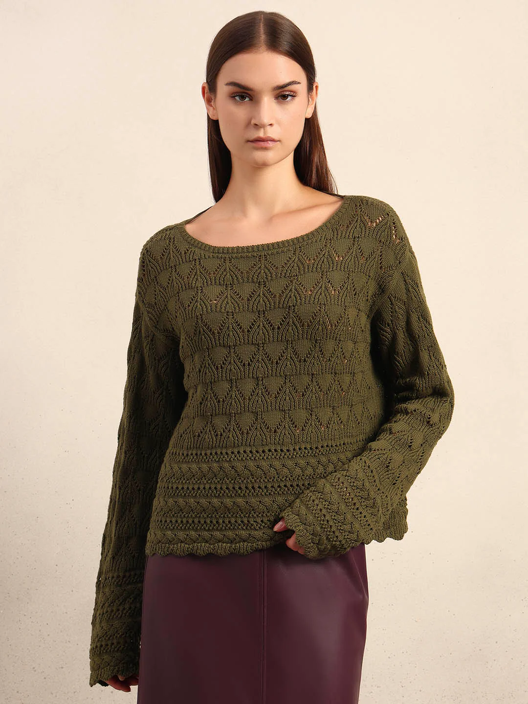 Olive Green Open-Knit Pullover - Image 2