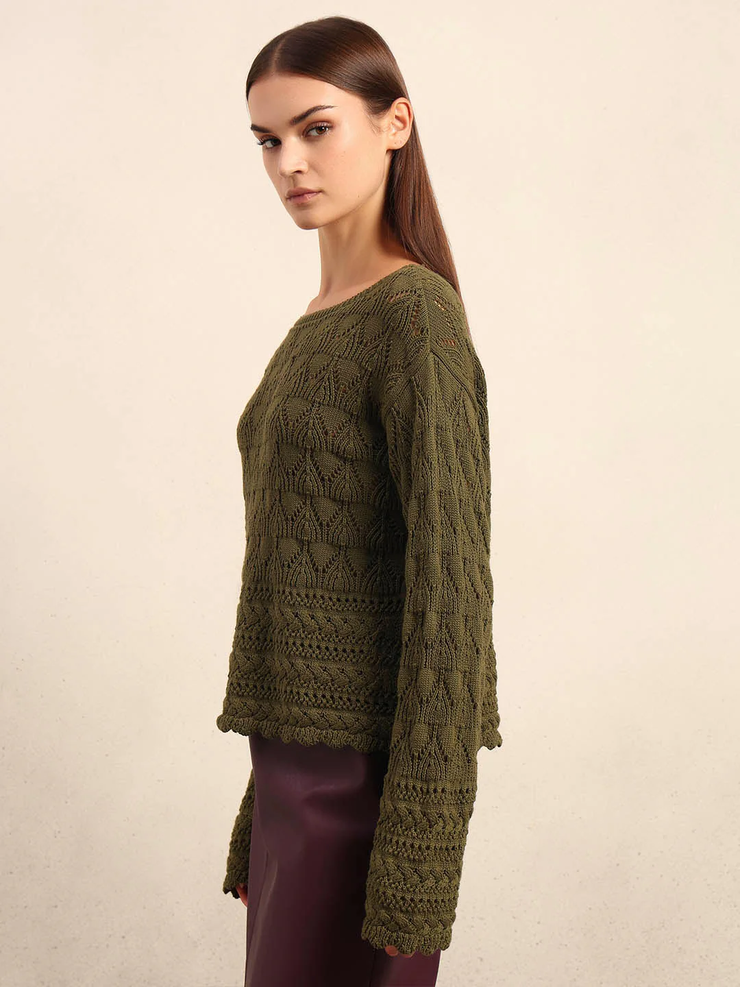 Olive Green Open-Knit Pullover - Image 3