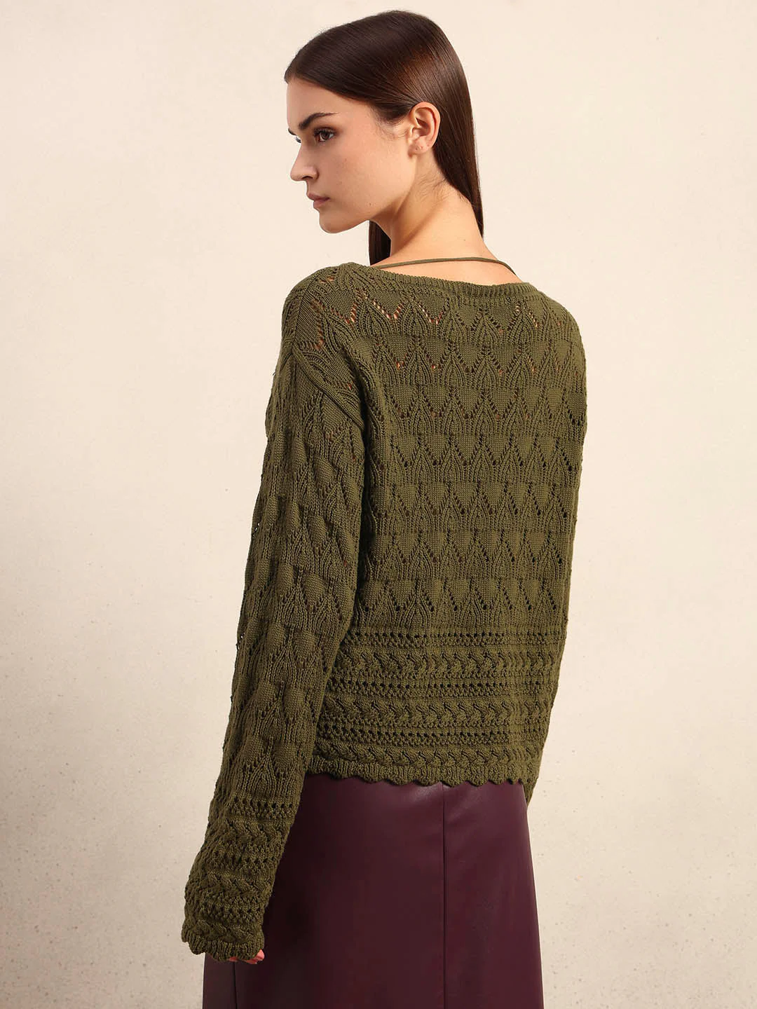 Olive Green Open-Knit Pullover - Image 4