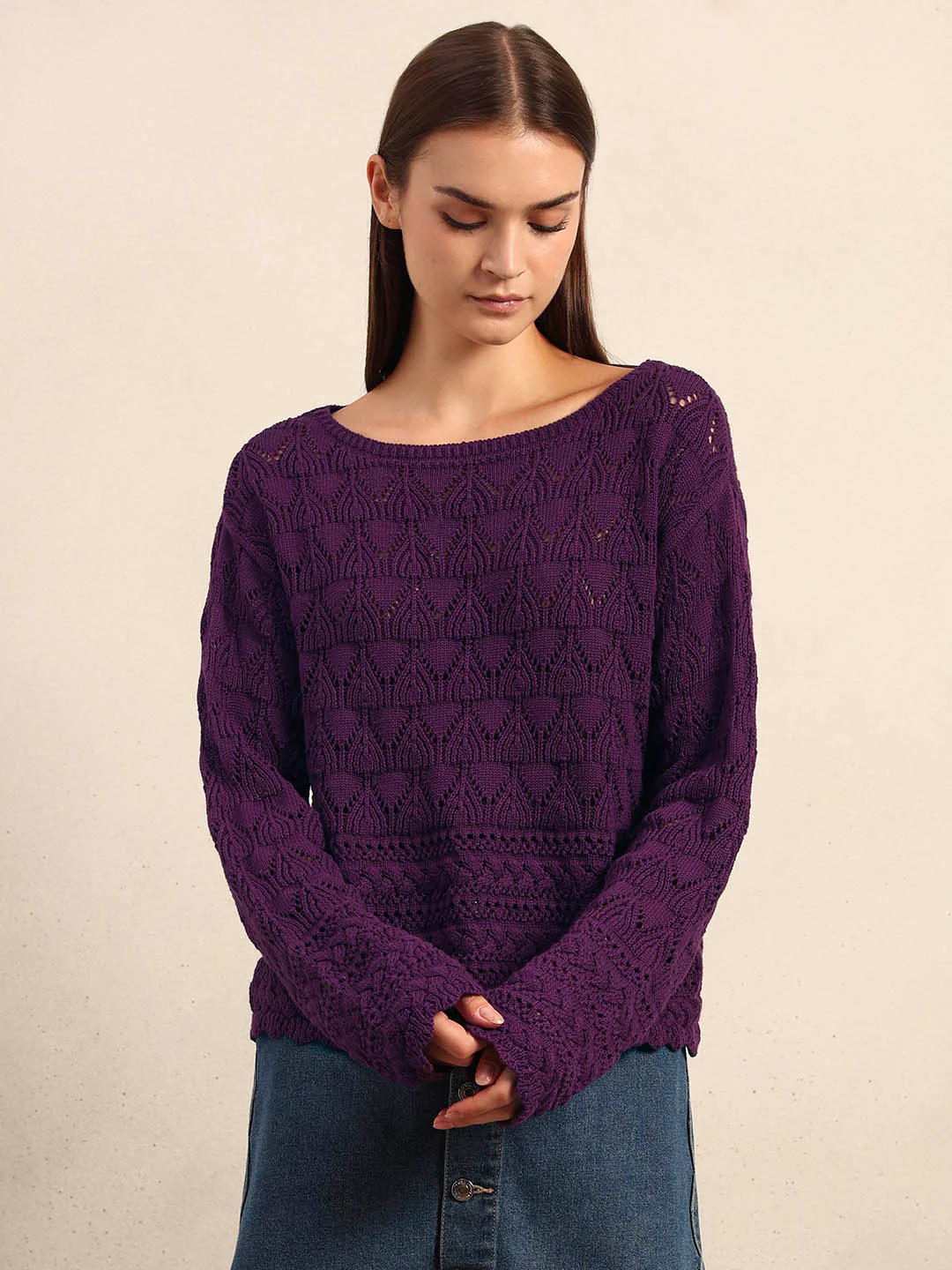 Dark Purple Open-Knit Pullover - Image 2