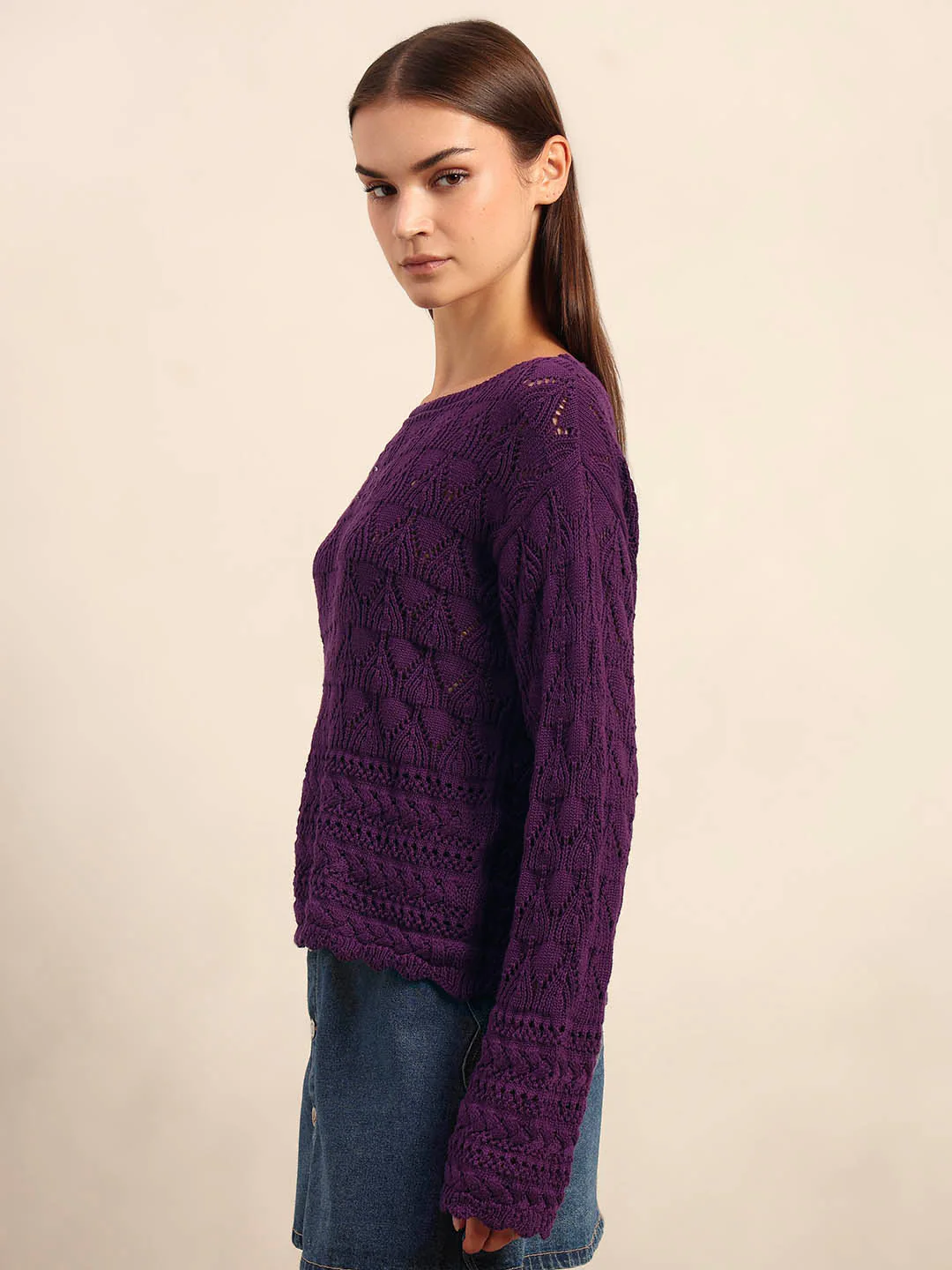 Dark Purple Open-Knit Pullover - Image 3