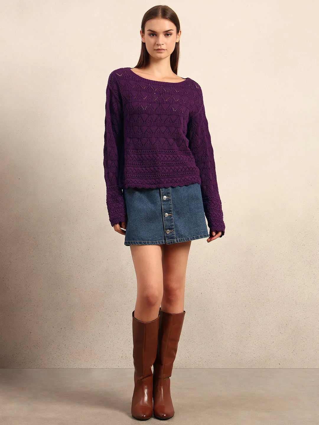 Dark Purple Open-Knit Pullover - Image 5