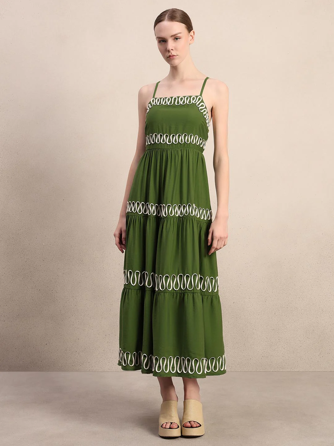 Green Contrast Ribbon Detail Dress - Image 2
