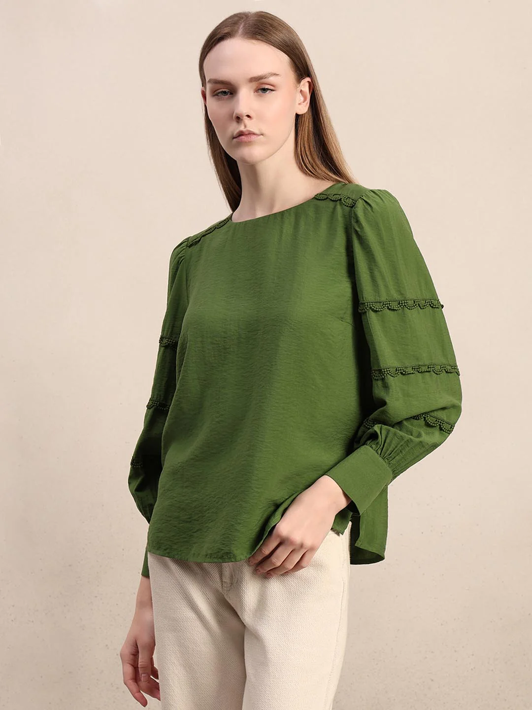 Green Lace Detail Full Sleeves Top - Image 2