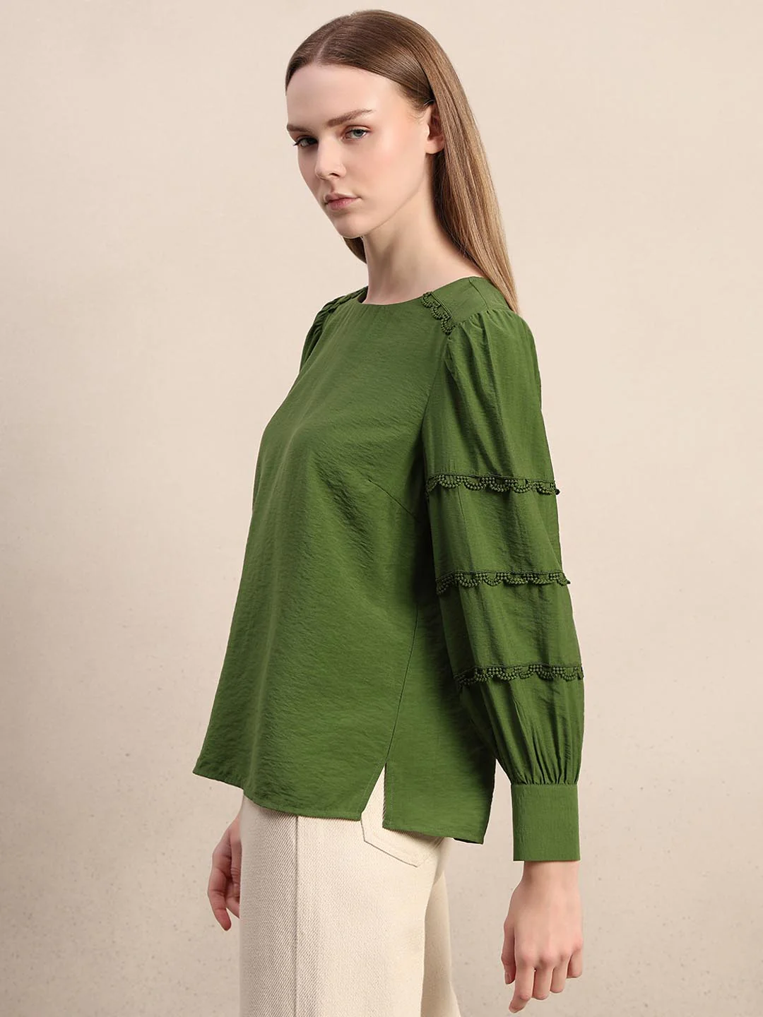 Green Lace Detail Full Sleeves Top - Image 3