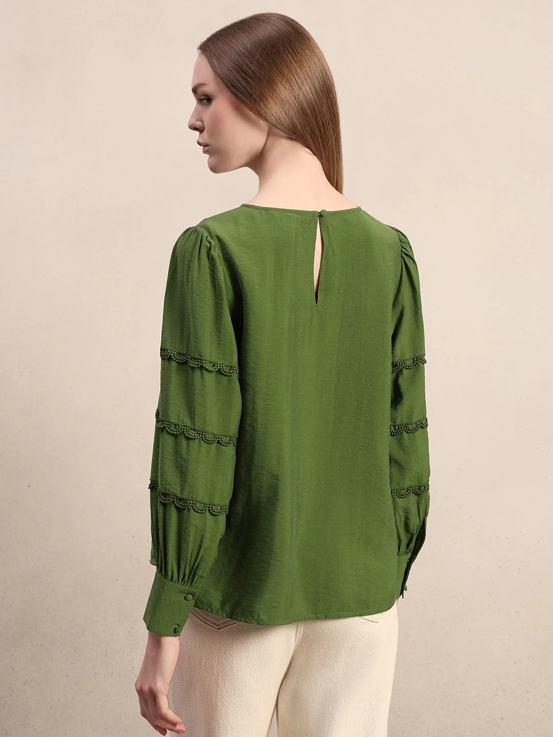 Green Lace Detail Full Sleeves Top - Image 4