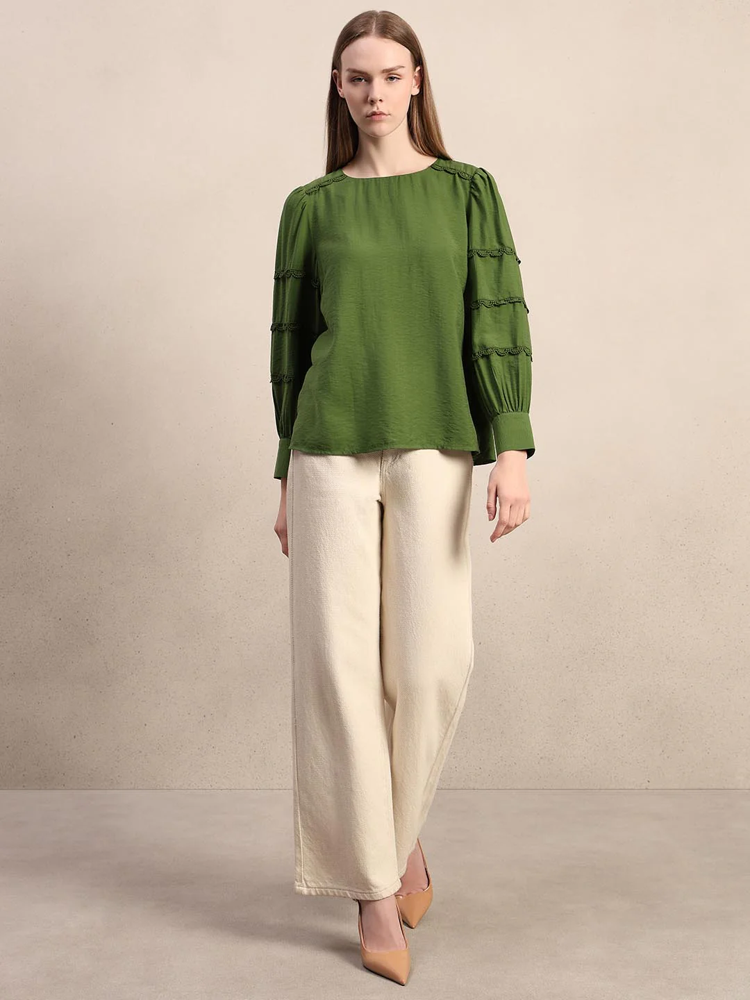 Green Lace Detail Full Sleeves Top - Image 5
