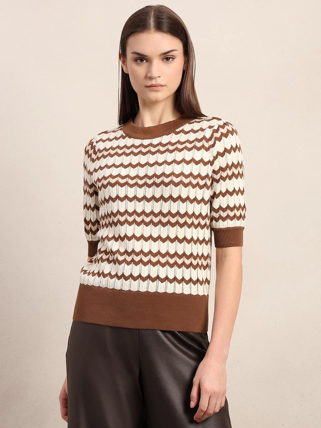 Ecru & Brown Knitted Top - Image 2