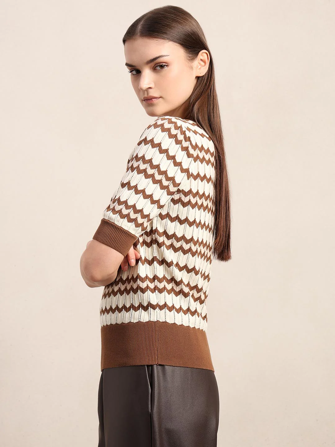 Ecru & Brown Knitted Top - Image 3