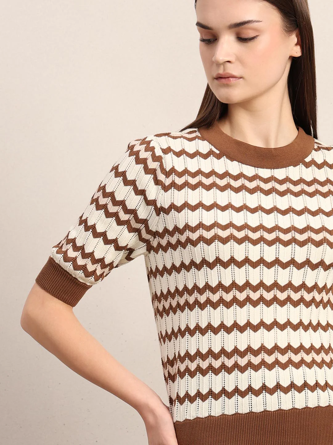 Ecru & Brown Knitted Top - Image 6