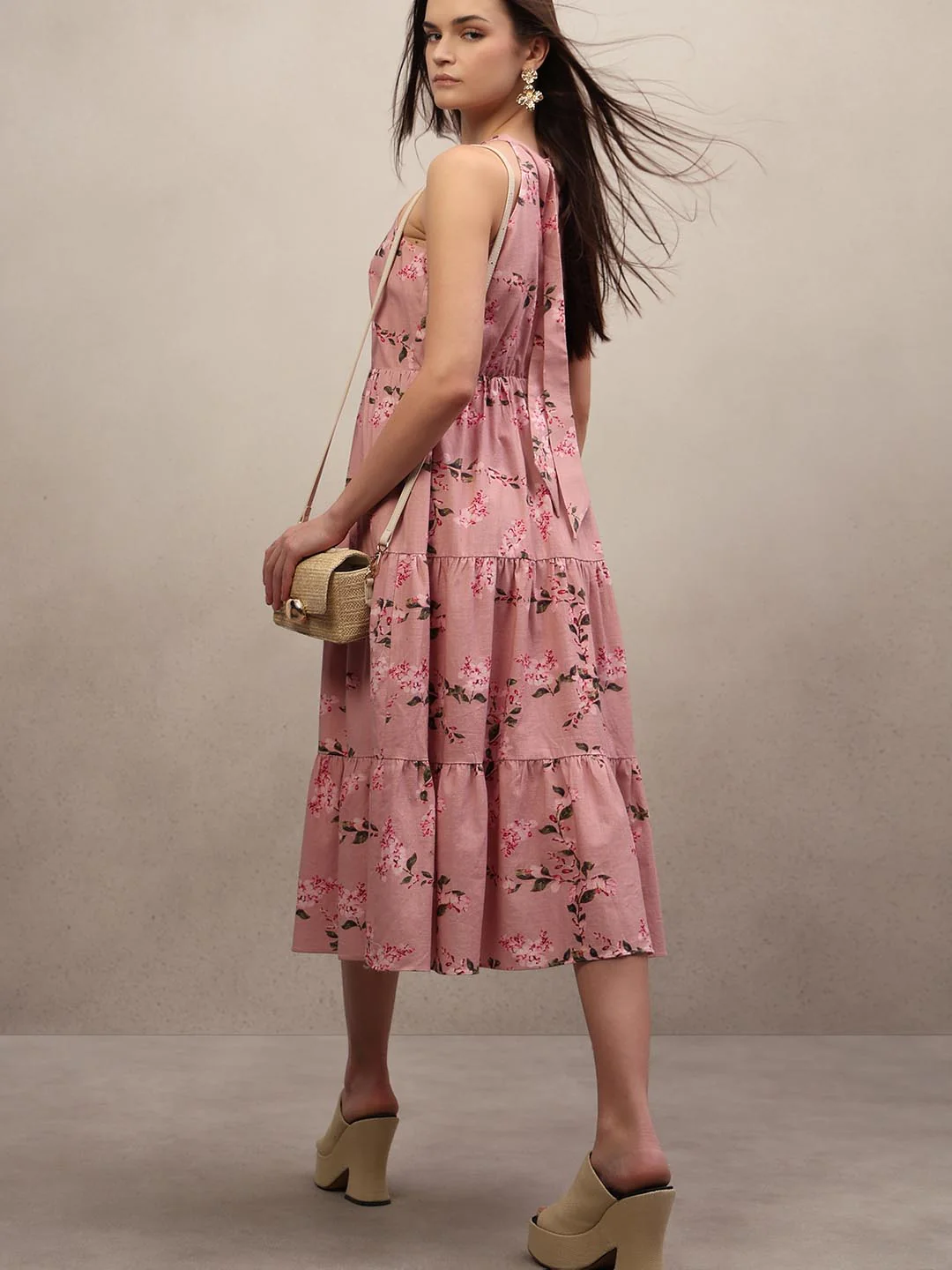 Pink Floral Print Midi Dress