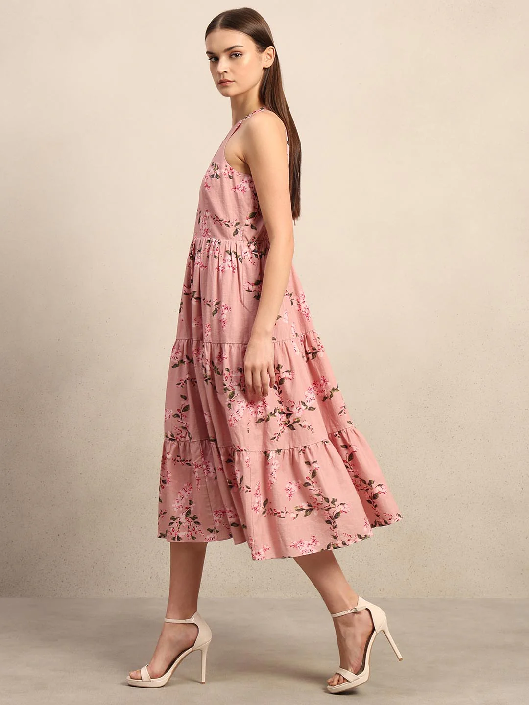 Pink Floral Print Midi Dress - Image 3
