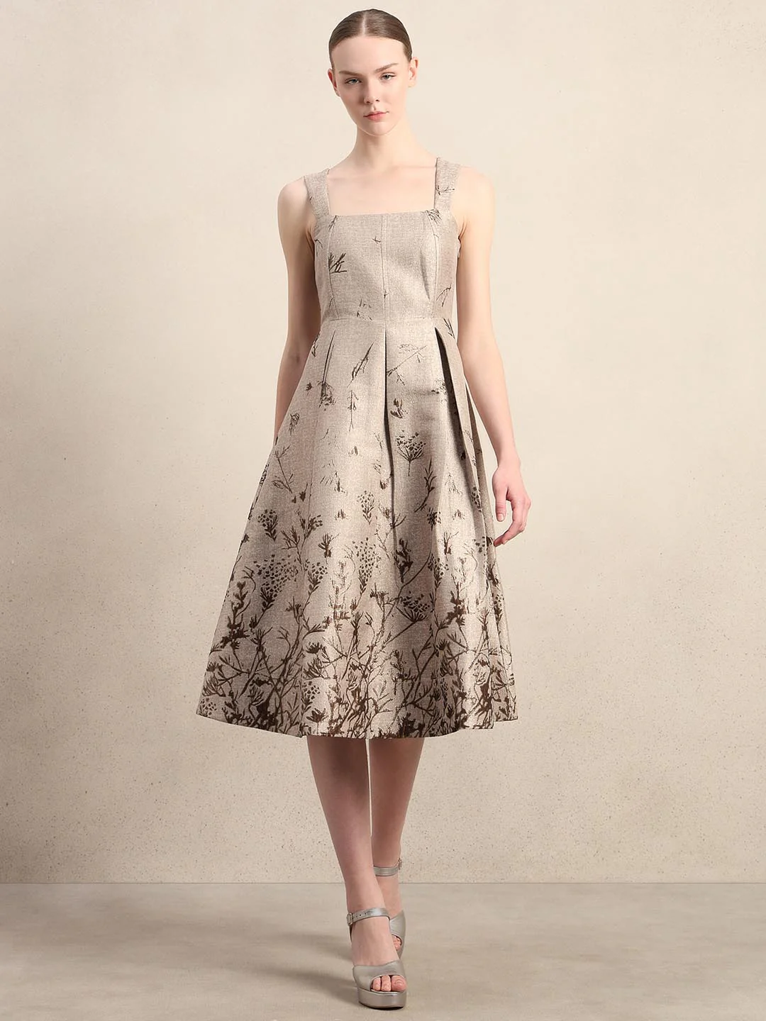 Beige Printed Smocked Midi Dress - Image 2