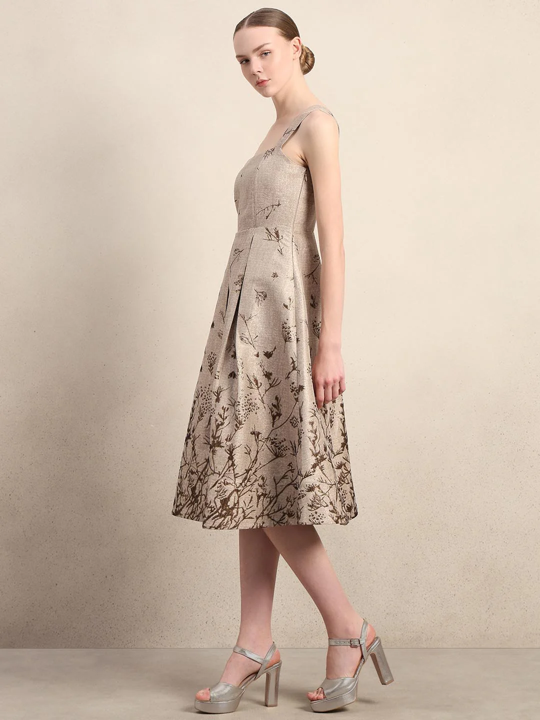 Beige Printed Smocked Midi Dress - Image 3
