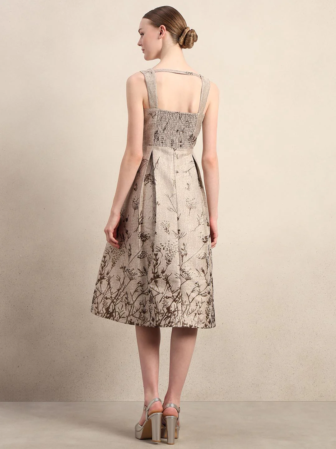 Beige Printed Smocked Midi Dress - Image 4